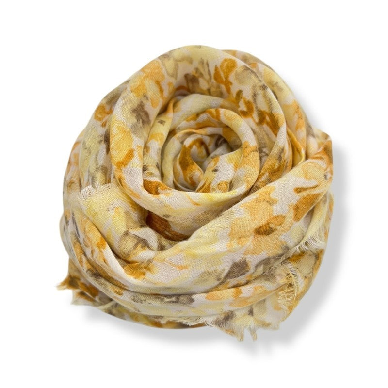 Yellow Sweet Pea Flower Print Scarf Finished with Fringes