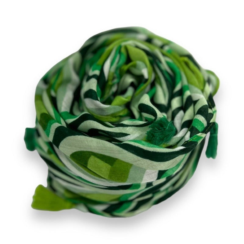 Green Retro Swirl Waves Printed Scarf Finished with Tassels
