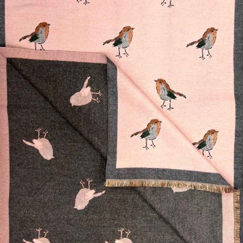 Pink Robin Woven Print On Reversible Cashmeremix Scarf