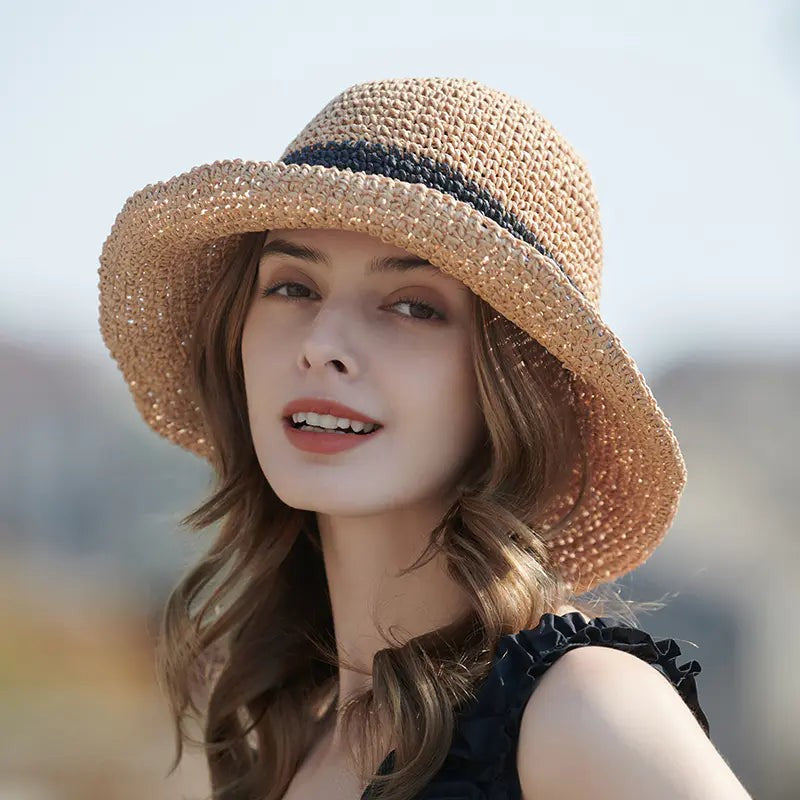Sunday Boardwalk Straw Crochet In Caramel With Black Trim