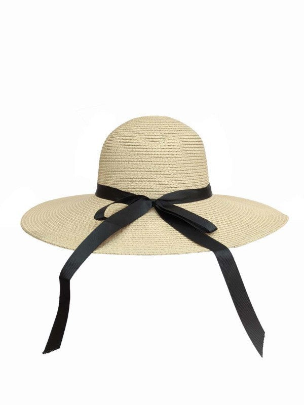 Cream Large-Brimmed Floppy Sun Hat with Ribbon Bowknot