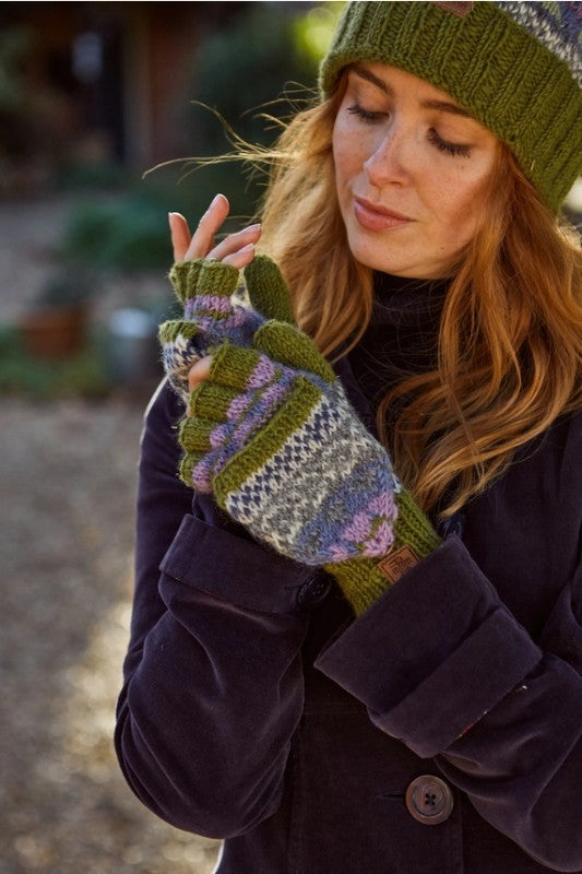 Fair Isle Olive Fingerless Gloves