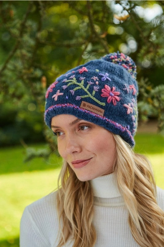 Hampton Court Embroidered Flower Wool Bobble Hat