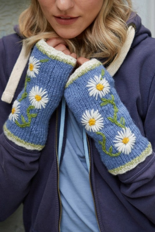 Daisy Chain Blue Fingerless Gloves