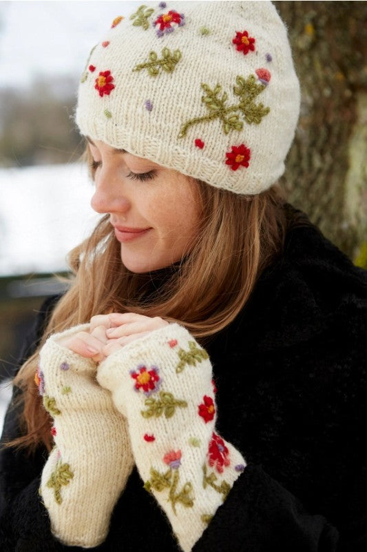 Lugano Cream Embroidered Flowers Fingerless Gloves
