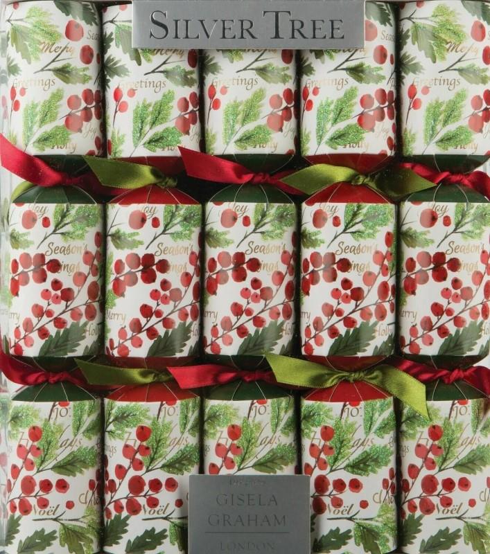 Silver Tree Berries and Watercolour Christmas Crackers, Set of 10