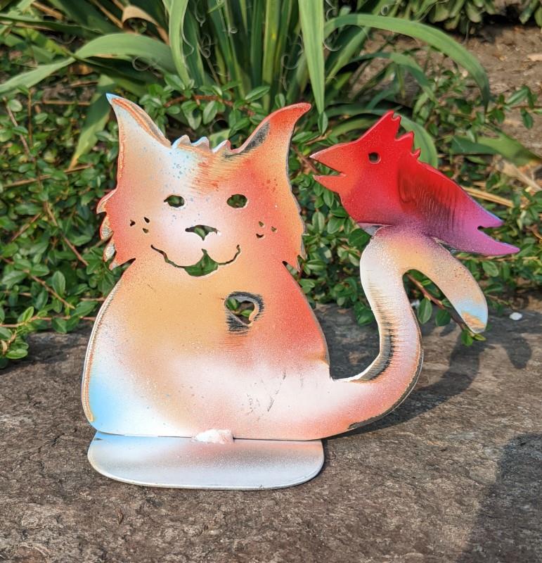 Orange Cat w/Red Bird Garden Statue, 6"H