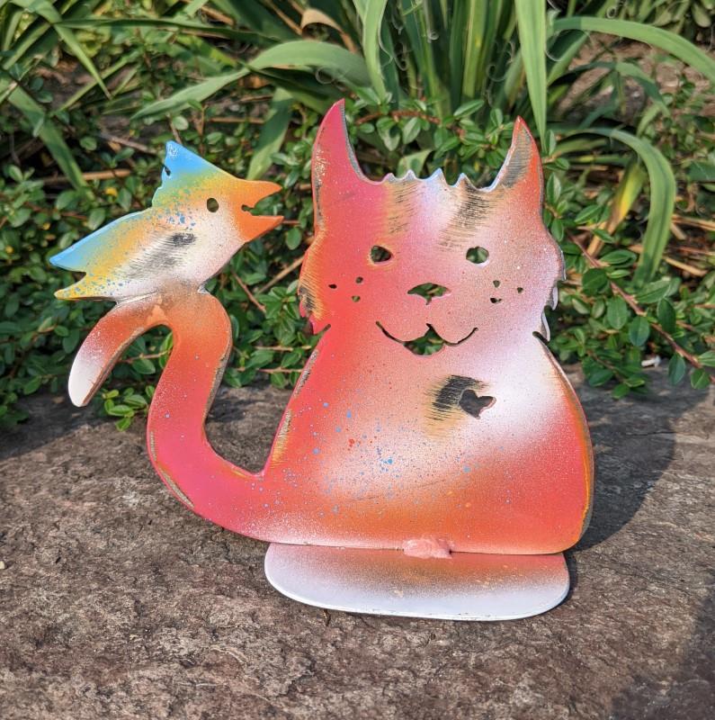 Pink Cat With Colourful Bird Garden Statue, 6"H