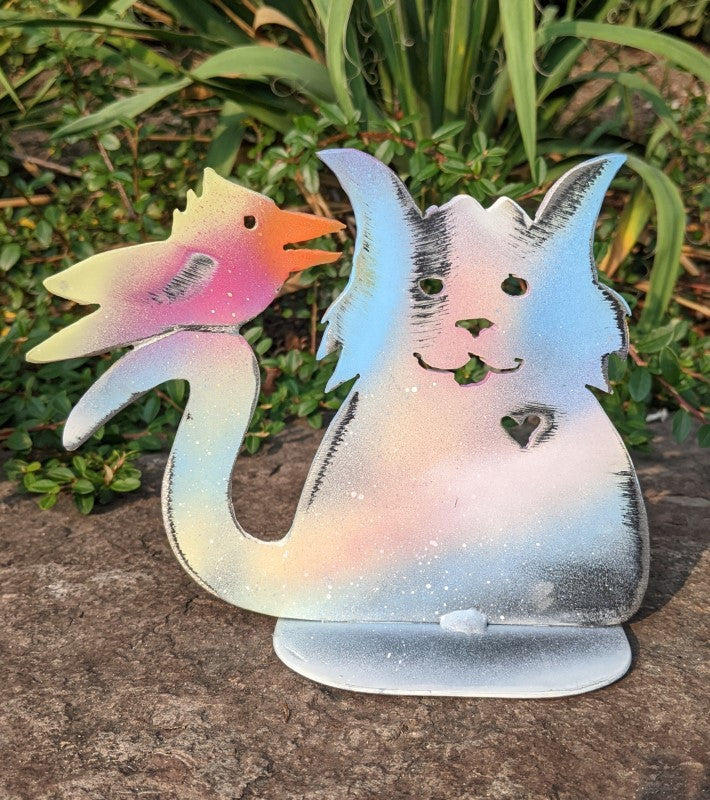 Blue & Pink Cat with Colourful Bird Garden Statue, 6"H