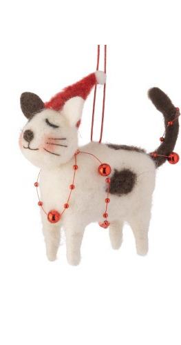 Cat w/Garland & Santa Hat Ornament