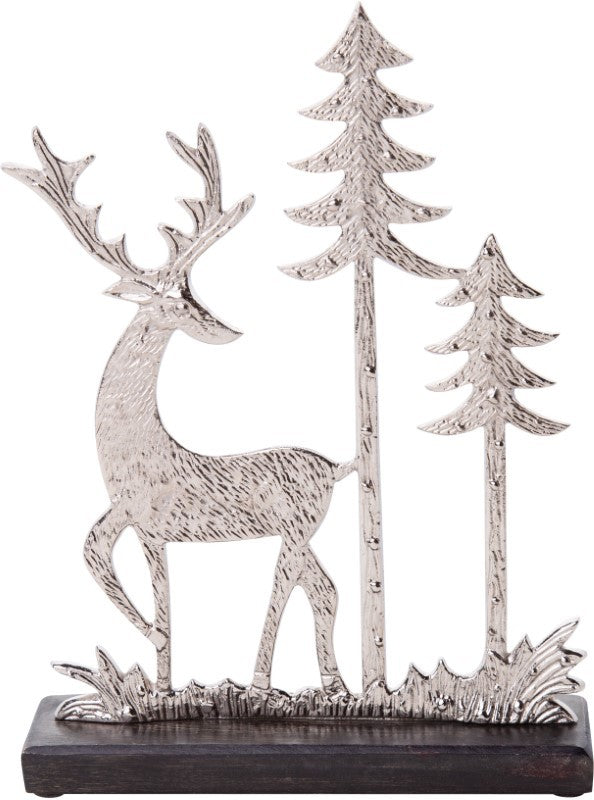 Silver Deer &amp; Tree Tabletop Décor w/Solid Wood Base