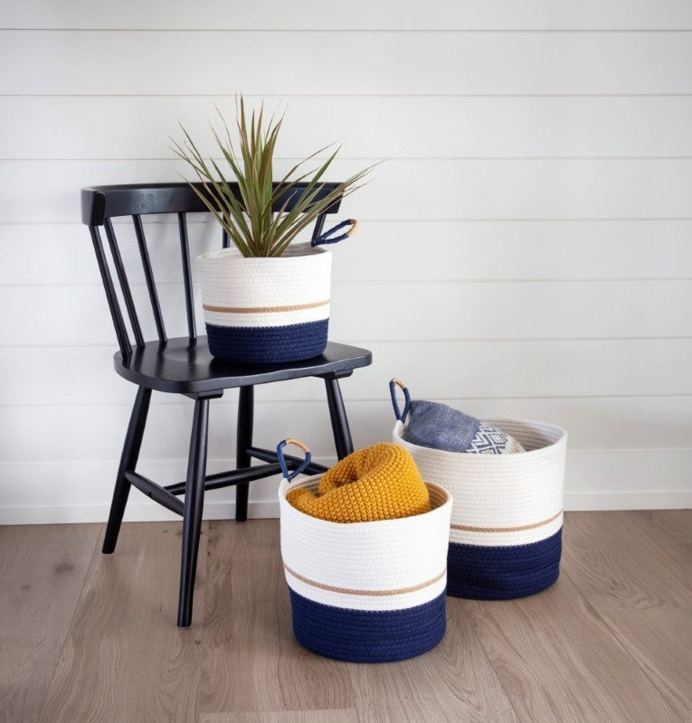 Round White &amp; Navy Basket