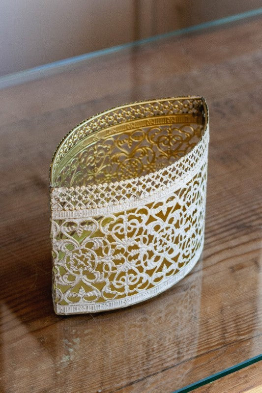 Richcasa White Gold Floral Boat Candle Holder