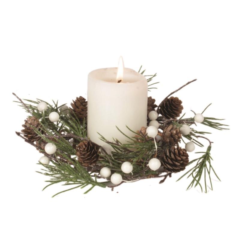 Pinecone & White Berry Candle Ring, 10"Dia