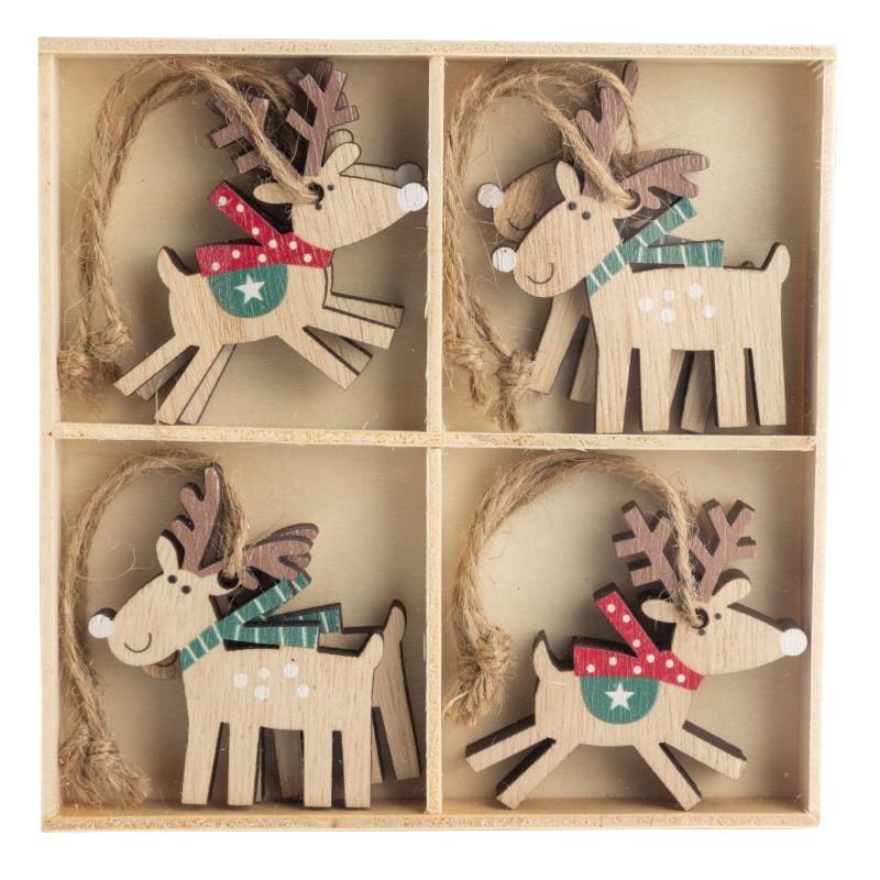 Wooden Reindeer Ornaments, Set of 8