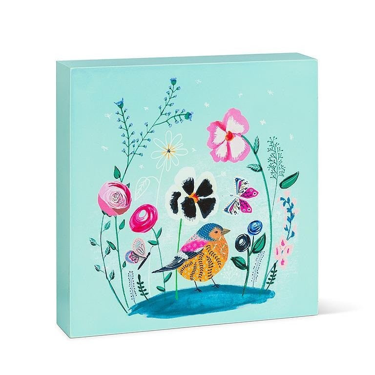 Whimsical Garden &amp; Bird Square Wood Block