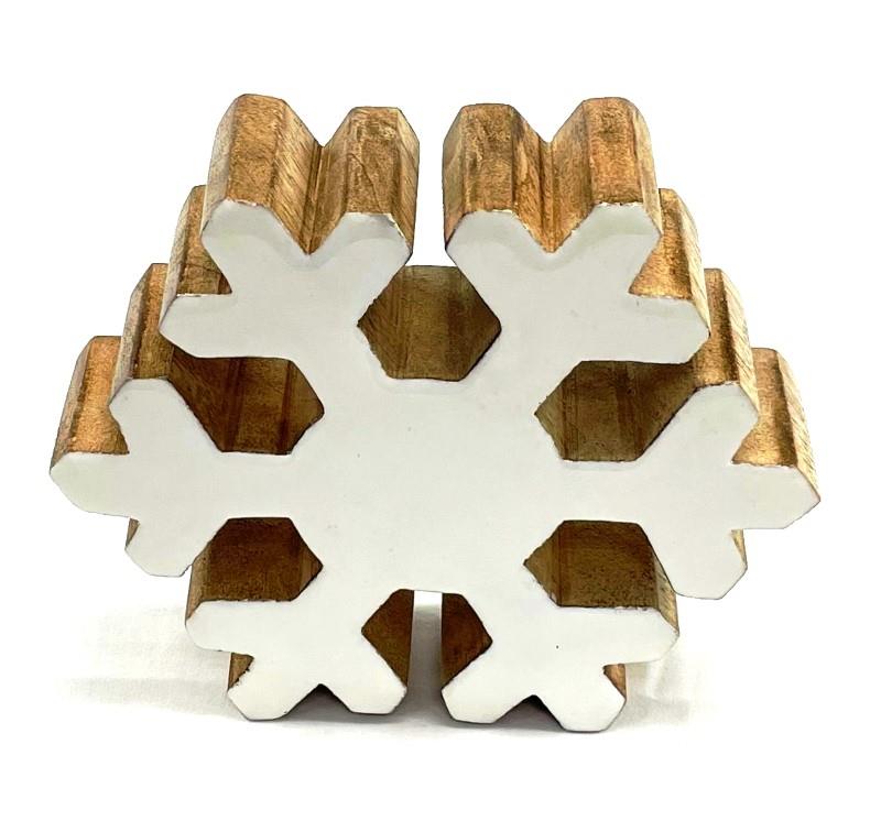 Standing White Mango Wood Snowflake, 6"H