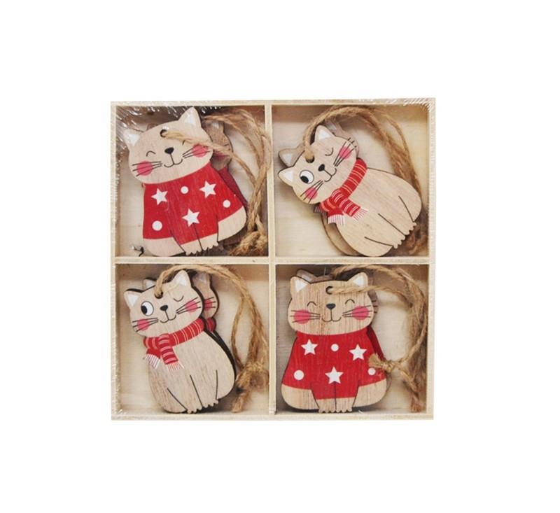 Wooden Cat Ornaments, Set of 8