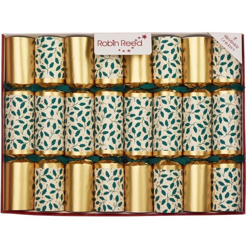 Holly On Gold Christmas Crackers, Set Of 8