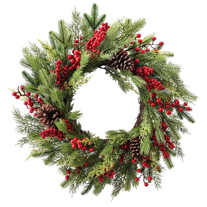 Mixed Green Wreath with Pinecones & Berries