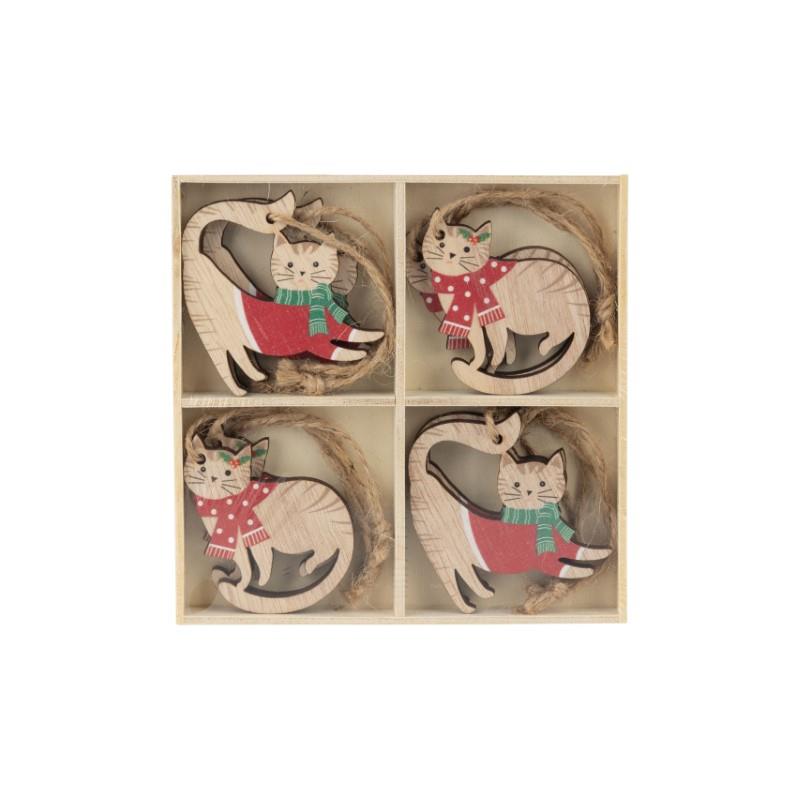 Mini Wooden Cat Ornaments, Set of 8