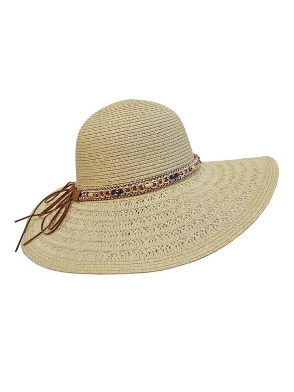 Brim Straw Hat With Gemstone Band