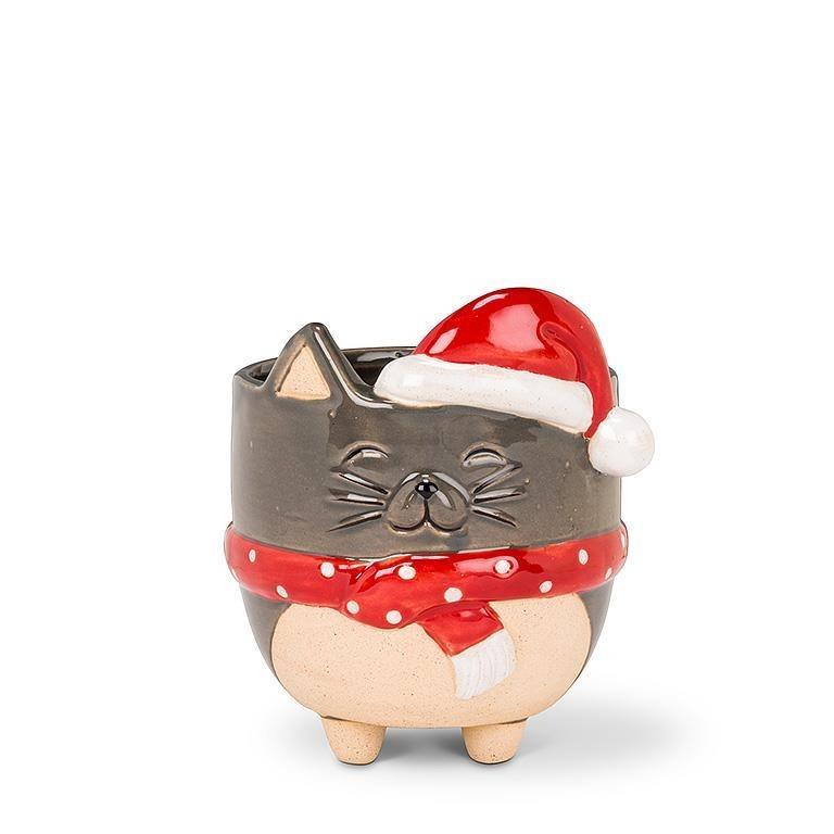 Cat with Santa Hat Planter, 5.5"