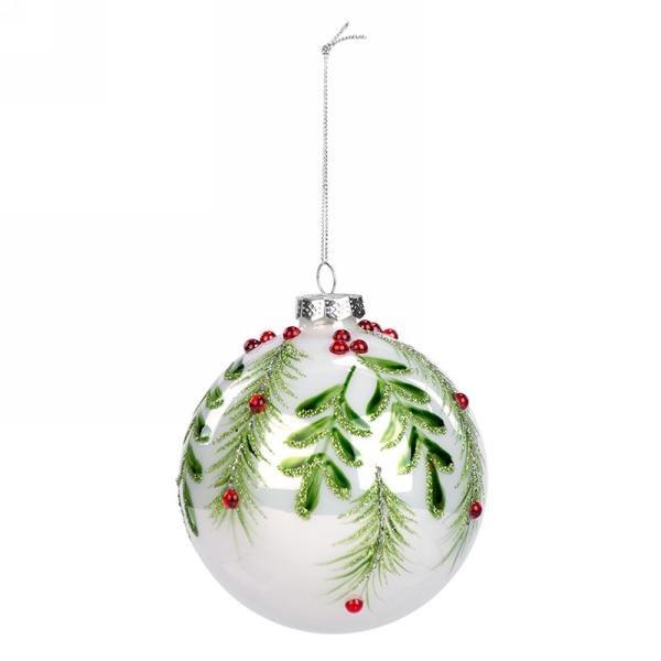 Green Foliage & Red Gem Glass Ball Ornament