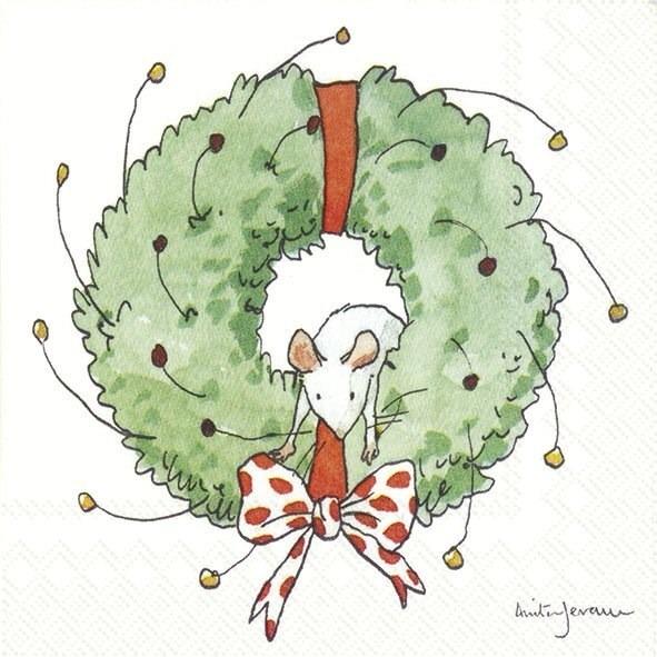 Mouse In Wreath - Cocktail Paper Napkins - Pack/20