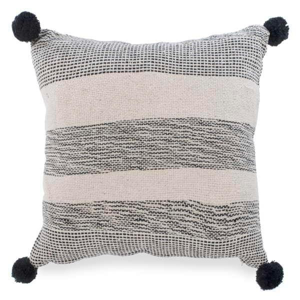 Beige & Black Stripe Cushion With Pompom, 17"Sq