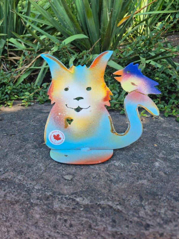 Yellow &amp; Light Blue Cat With Bird Garden Statue, 7" x 6"