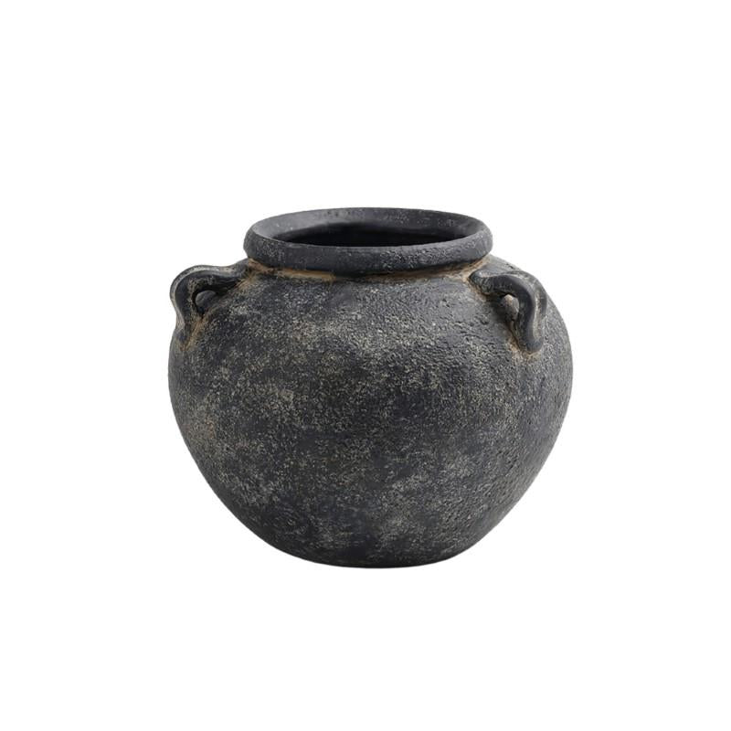 Low Round Black Terracotta Vase With Handles