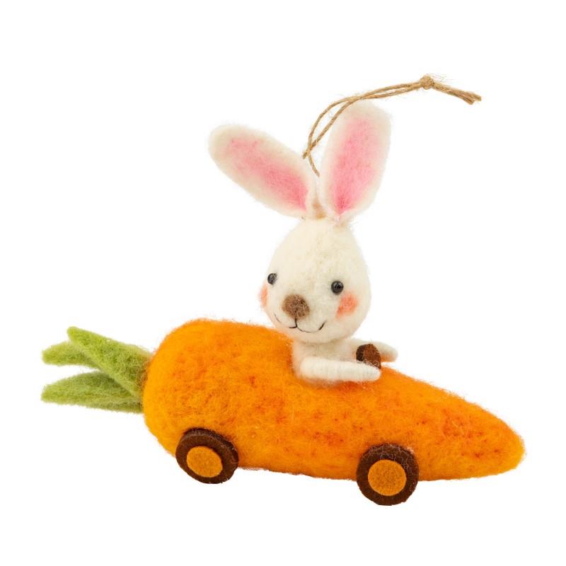 Felt Bunny In Carrot Car Ornament