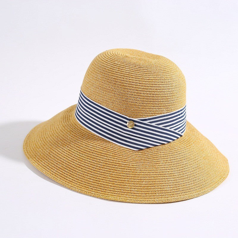 Wide Brim Blue Strip Ribbon Hat