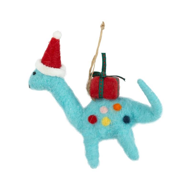 Blue Dinosaur With Santa Hat & Gift Ornament