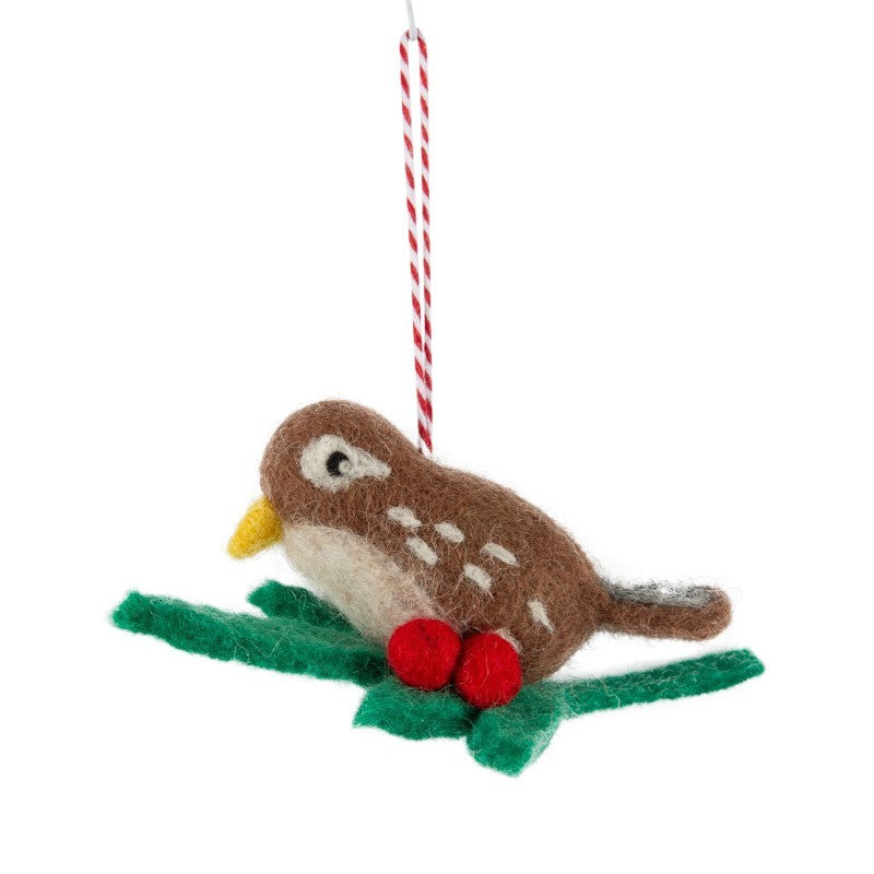 Brown Bird On Holly Stem Ornament