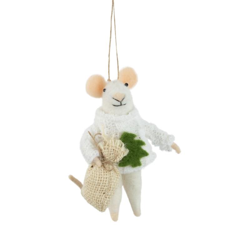 Mouse In A White Sweater With Green Tree Ornament