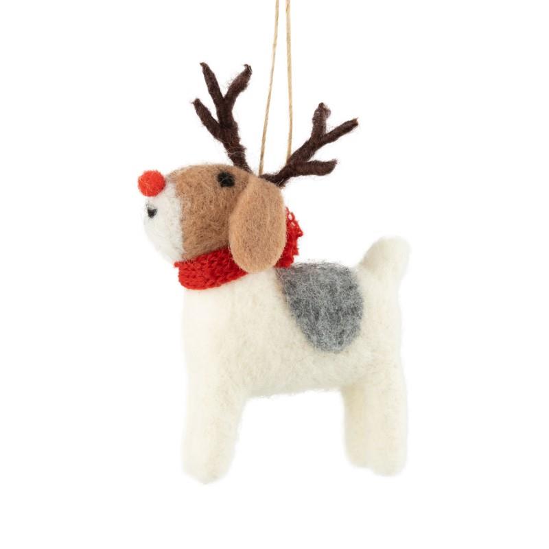 Standing White Dog With Antlers Ornament