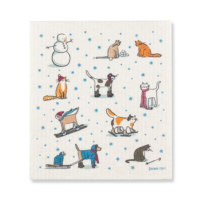 Winter Sports Cats Swedish Dishcloth, Single