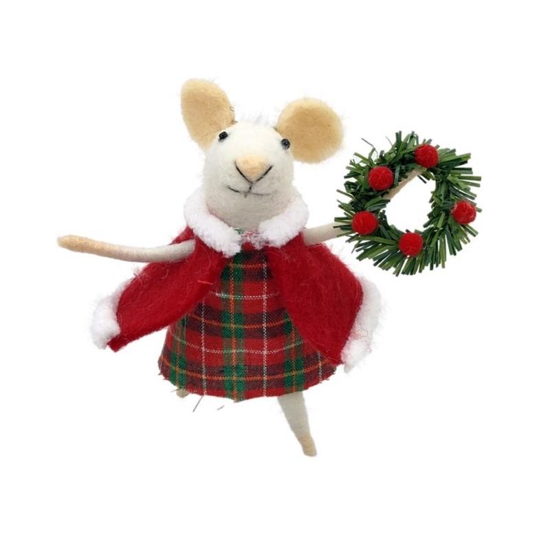 Mouse In Plaid Dress With Wreath Ornament