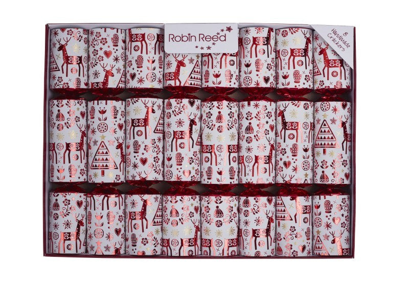Shiny Red Reindeer Christmas Crackers, Set of 8