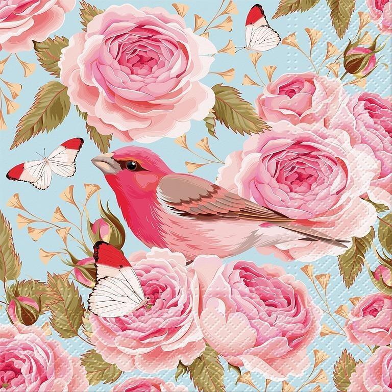English Roses Bird Luncheon Napkin, Pack 20