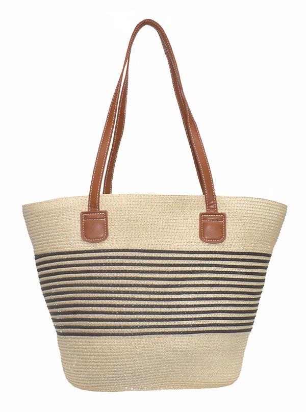 Striped Beige/Black Straw Bag