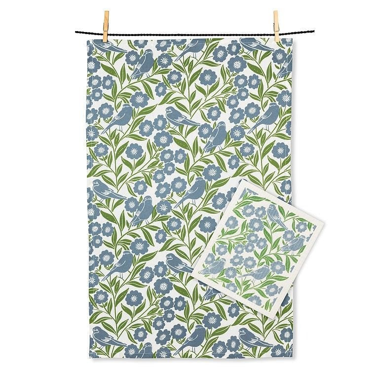 Birds &amp; Leaves Dishcloth &amp; Kitchen Towel Set of 2