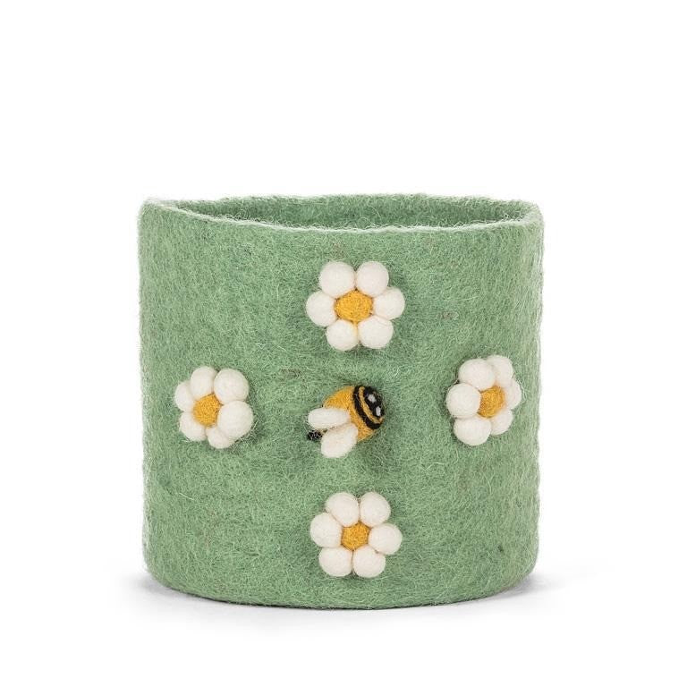 Pompom Flower &amp; Bee Felt Planter, 4"H