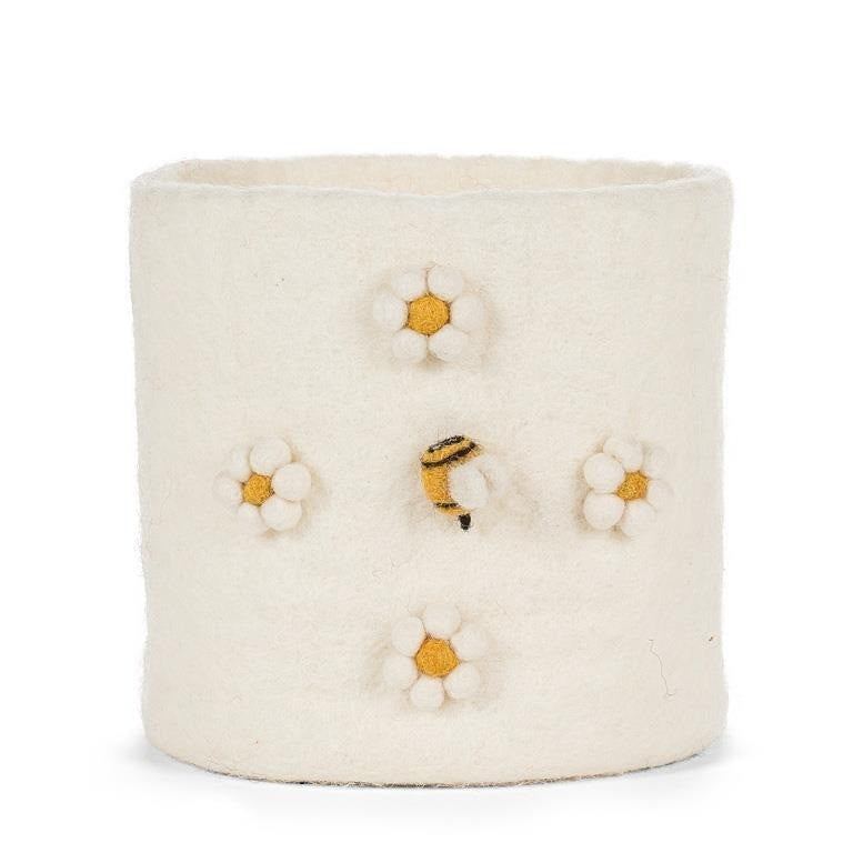 Pompom Flower &amp; Bee Felt Planter, 6"H