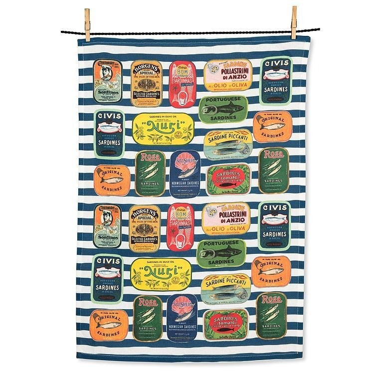 Sardine Tins on Stripes Kitchen Towel