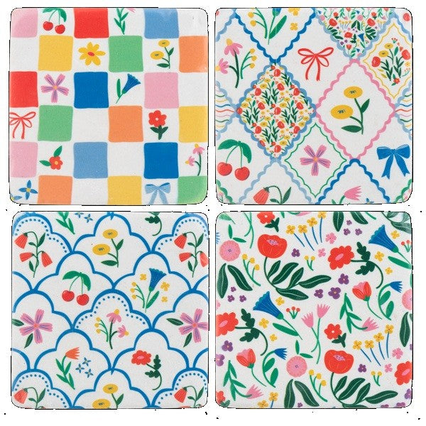 Colourful Flowers &amp; Patchwork Coasters, Set of 4