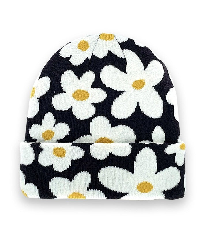 Black Daisy Floral Knit Beanie