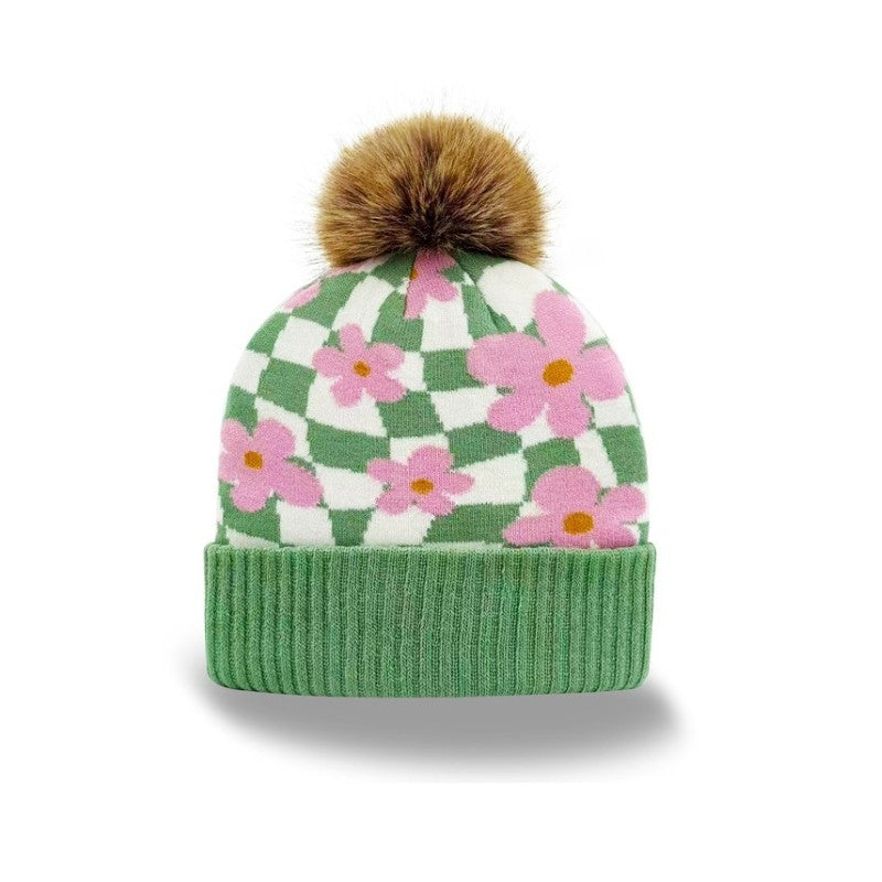 Pink Flower Checkerboard Knit Beanie